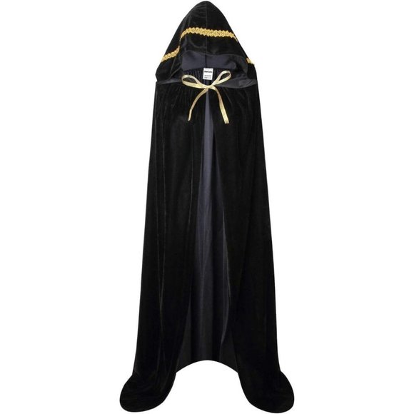 Black Velvet Full Length Lace Decor Hooded Halloween Fancy Dress Costume - Picture 1 of 4